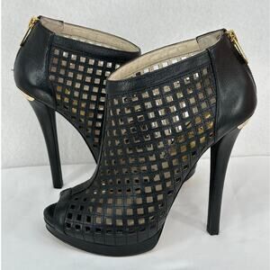 Michael Kors Black Gold Graham Peep Toe Perforated Leather 5" Heel Bootie 8M